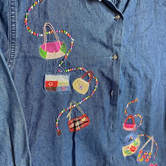 Bobbie Brooks Embroidered Denim Button-Up, Purse Design, Size Medium - Picture 4 of 4